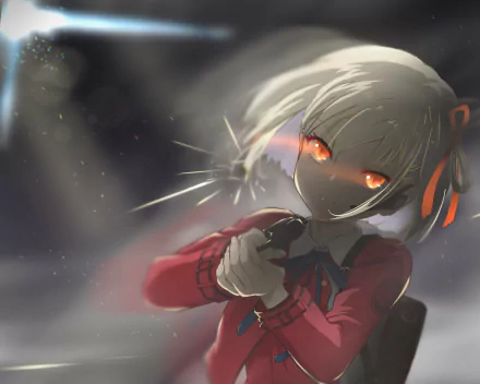 HD anime desktop wallpaper of Chisato Nishikigi from Lycoris Recoil, featuring her glowing red eyes and detailed shading in a dynamic, dark atmosphere.