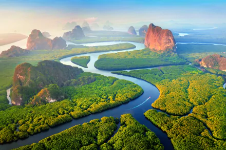 A stunning 4K Ultra HD landscape of Thailand showcasing lush green mangroves and winding rivers beneath towering limestone cliffs at sunrise.
