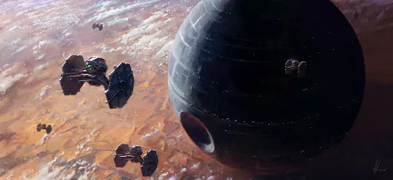 HD desktop wallpaper featuring the Death Star from Star Wars in a sci-fi setting with spaceships orbiting an alien planet.