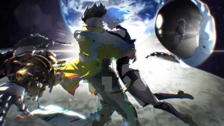 HD desktop wallpaper featuring David and Lucy from the anime Cyberpunk: Edgerunners. The characters are embracing against a futuristic, space-themed background.
