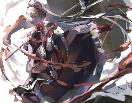 HD PC anime wallpaper of Shalltear Bloodfallen from Overlord: gothic vampire maiden in frilled dress and armor, brandishing a lance amid swirling red ribbons and dark motion blur.