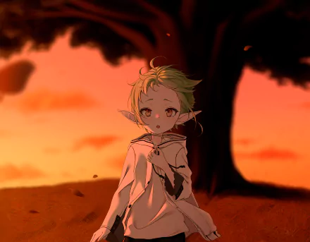 Sylphiette (Mushoku Tensei: Jobless Reincarnation) sitting beneath a tree at sunset, warm orange sky and falling leaves — anime 2K Quad HD PC desktop wallpaper/background.