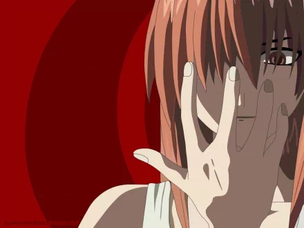 HD anime desktop wallpaper featuring Lucy from Elfen Lied with red hair partially covering her face against a deep red background.