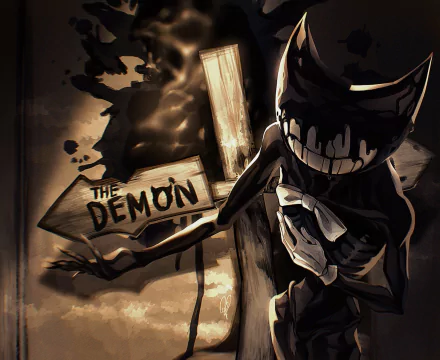 HD PC desktop wallpaper featuring Bendy from the video game Bendy and the Ink Machine, depicted with a sinister grin next to a sign labeled The Demon.