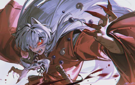 HD PC desktop wallpaper of InuYasha: anime character in a red kimono, silver hair and fierce red eyes, snarling with claws extended in a dynamic action pose.