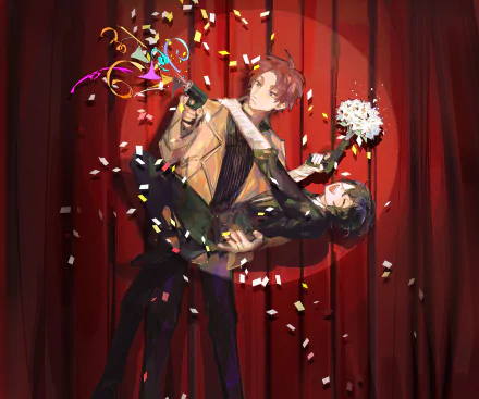 HD anime wallpaper of Sakunosuke Oda lifting Osamu Dazai on stage, with confetti and red curtains, from Bungou Stray Dogs.