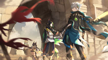 Al-haitham and Tighnari from Genshin Impact stand in a detailed fantasy setting, captured in an 8K Ultra HD video game wallpaper.