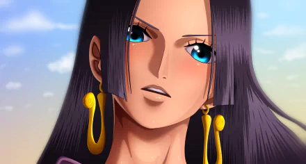 HD desktop wallpaper featuring Boa Hancock from the anime One Piece, showcasing her with long dark hair, blue eyes, and gold earrings against a soft sky background.