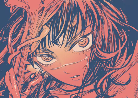 Close-up 4K Ultra HD anime wallpaper of Asa Mitaka, the War Devil from Chainsaw Man, featuring intense eyes and dynamic line art in a bold color palette.