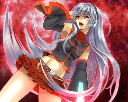 HD anime-style PC wallpaper featuring Tei Sukone from Vocaloid with long silver hair, red and black outfit, and a dynamic red-toned background.