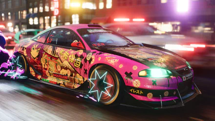 Vibrant 4K Ultra HD PC desktop wallpaper of a neon-detailed tuner car speeding through rainy city streets — Need for Speed Unbound video game background.