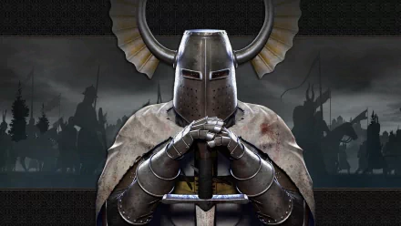 A medieval knight in shining armor, wielding a sword, stands confidently against a dramatic background of historical battles from Medieval II: Total War in this HD wallpaper.