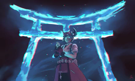 HD PC desktop wallpaper featuring Kiriko from Overwatch 2 standing confidently in front of a glowing blue torii gate in a dark, atmospheric setting.