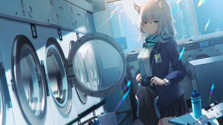 Shiroko Sunaookami from Blue Archive stands in a bright laundromat, featured in a 4K Ultra HD PC desktop wallpaper.
