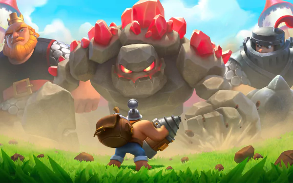 HD PC desktop wallpaper featuring Clash Royale characters, including a giant stone golem and warriors in a vibrant game battle scene.