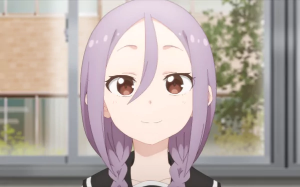 Urushi Yaotome from When Will Ayumu Make His Move? close-up anime portrait with braided lilac hair and a soft smile, classroom window background — HD PC wallpaper.