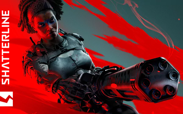 HD desktop wallpaper featuring a dynamic character from Shatterline game with a futuristic weapon, set against a vibrant red backdrop.