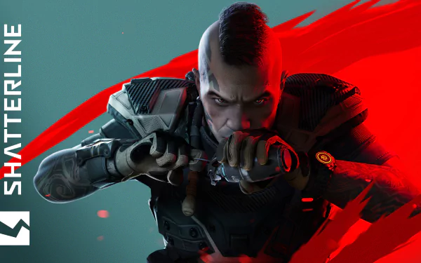 HD desktop wallpaper featuring an intense Shatterline character ready for action with a red dynamic background.