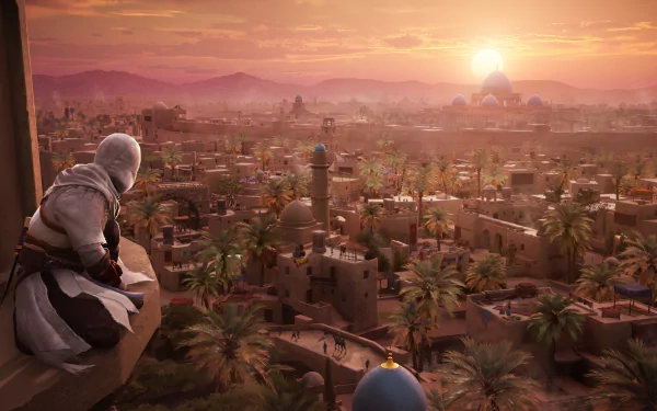 4K Ultra HD PC desktop wallpaper featuring a sunset view over a detailed cityscape from the video game Assassin's Creed Mirage with the protagonist overlooking the scene.