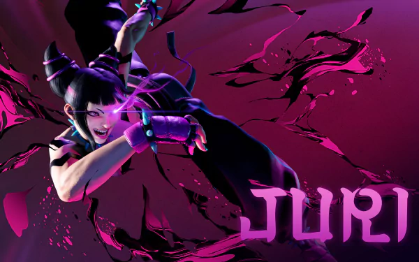 Juri from Street Fighter 6 delivers a powerful kick against a dark purple background in this 8K Ultra HD PC desktop wallpaper and video game artwork.