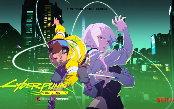 HD desktop wallpaper featuring Lucy and David from the anime Cyberpunk: Edgerunners against a futuristic cityscape, with Cyberpunk: Edgerunners branding and Netflix logos.