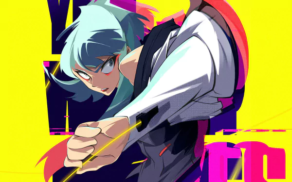 Vibrant HD PC desktop wallpaper featuring an anime character from Cyberpunk: Edgerunners in dynamic action against a bold yellow and purple background.