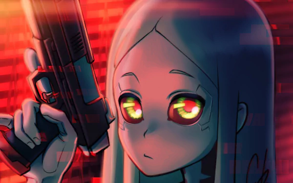 HD PC desktop wallpaper featuring Rebecca from Cyberpunk: Edgerunners in vibrant anime style with glowing eyes and a futuristic red background.