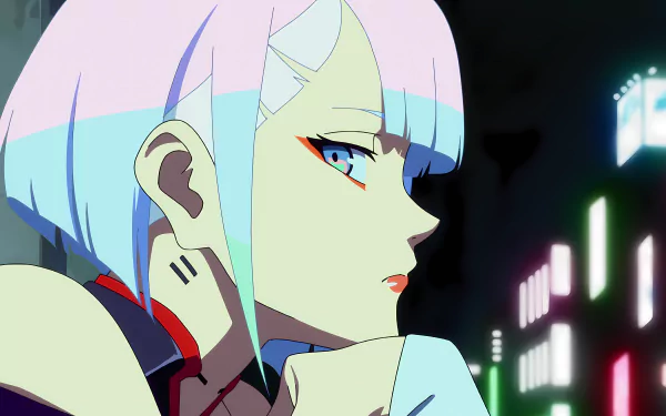 Lucy from Cyberpunk: Edgerunners in a dynamic anime-inspired HD desktop wallpaper.