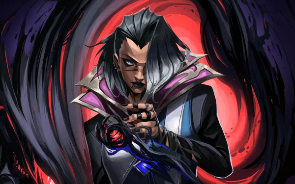 HD PC desktop wallpaper of Fade from Valorant, showcasing the video game character with dark wings and a glowing red and black background.