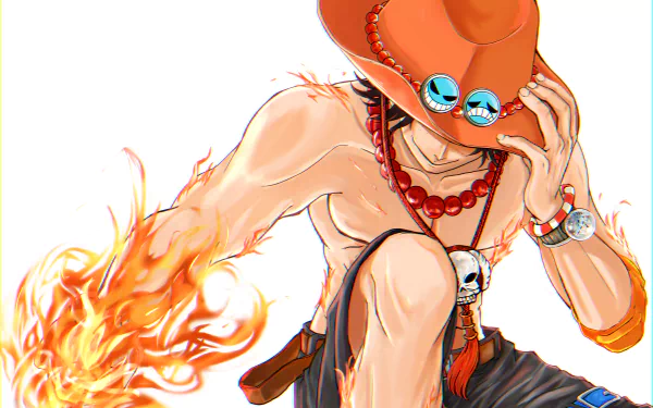 Portgas D. Ace from One Piece — anime 4K Ultra HD PC wallpaper showing him crouched with a flaming fist, signature orange hat, red bead necklace and skull clasp.