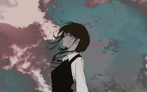 4K Ultra HD anime wallpaper of Asa Mitaka from Chainsaw Man, featuring the War Devil against a dramatic sky background.