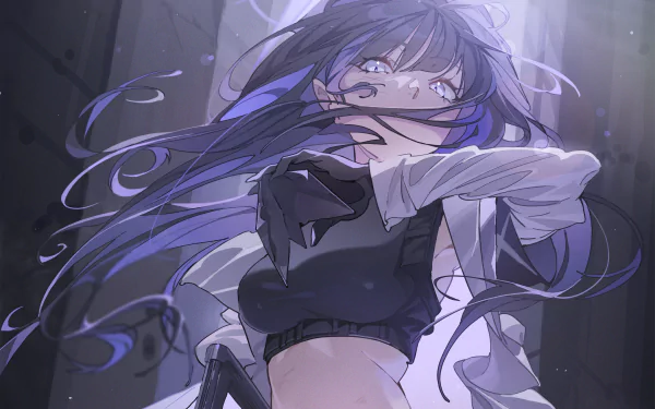 HD PC wallpaper featuring Joumae Saori from the video game Blue Archive, depicted with flowing blue hair and a dynamic pose in a dimly lit setting.