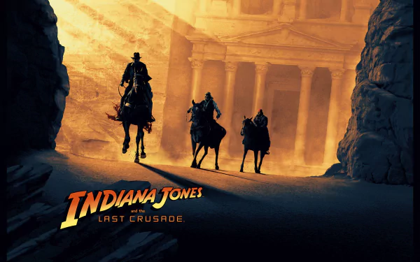 HD PC desktop wallpaper featuring a dramatic silhouette of Indiana Jones and companions on horseback in front of ancient ruins from the movie Indiana Jones and the Last Crusade.