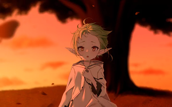 Sylphiette (Mushoku Tensei: Jobless Reincarnation) sitting beneath a tree at sunset, warm orange sky and falling leaves — anime 2K Quad HD PC desktop wallpaper/background.