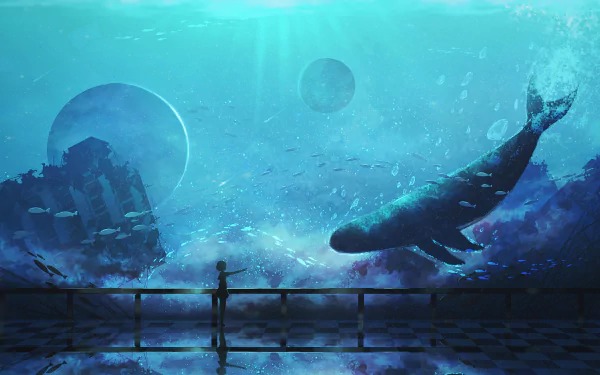 Anime character in underwater scene, vibrant HD desktop wallpaper.