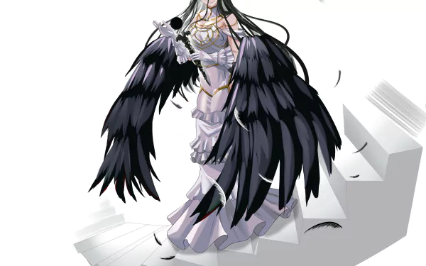 Albedo from Overlord anime stands gracefully on white stairs with flowing black wings, depicted in a detailed 4K Ultra HD PC desktop wallpaper style.