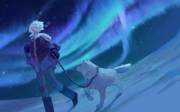 HD PC desktop wallpaper featuring Fushi from the anime To Your Eternity, walking a white dog under a vivid aurora-lit night sky.