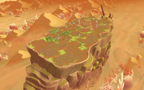 HD desktop wallpaper depicting a scene from The Wandering Village game featuring a village atop a colossal creature in a desert landscape.