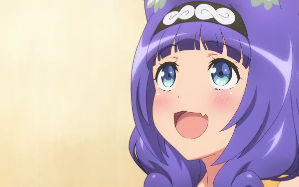 HD anime wallpaper featuring Hitamu Kyan from Immoral Guild, showcasing her bright blue eyes and joyful expression with flowing purple hair.