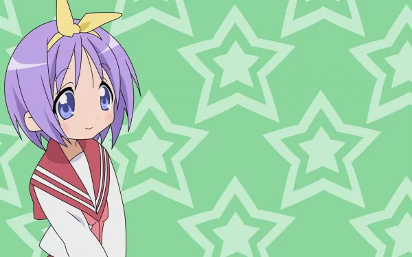 HD anime desktop wallpaper featuring Tsukasa Hiiragi from Lucky Star with a green background decorated with white star patterns.