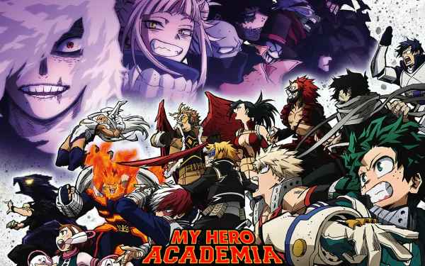 HD PC desktop wallpaper featuring iconic characters from the anime My Hero Academia in a dynamic, action-packed composition.