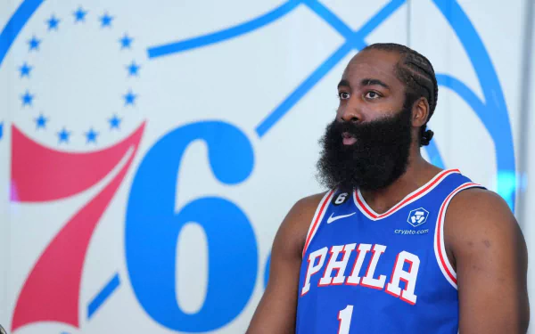 Philadelphia 76ers basketball player James Harden in action, a dynamic sports wallpaper capturing him in high definition.