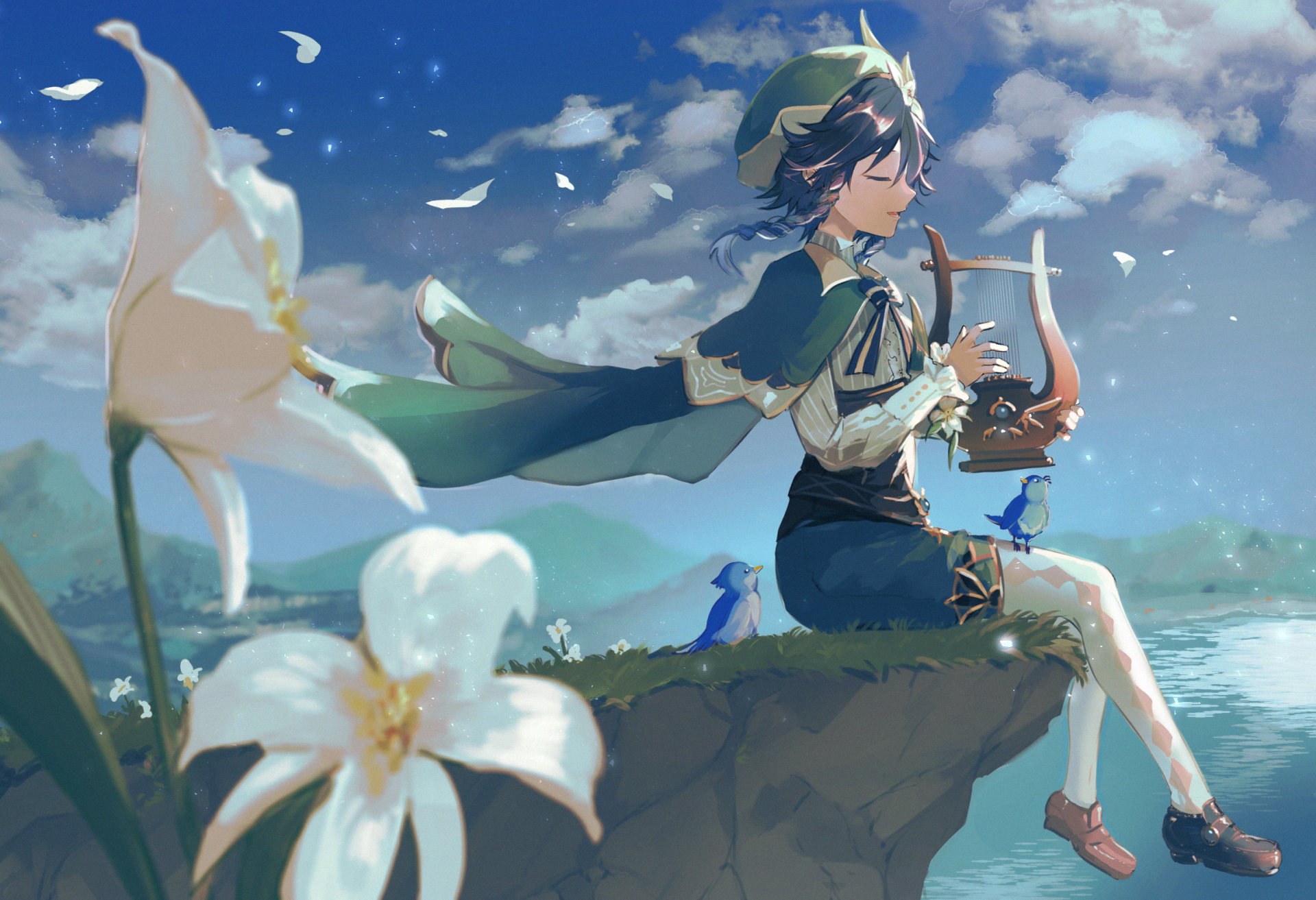 HD PC desktop wallpaper featuring Venti from the video game Genshin Impact, sitting on a cliff with a lyre, surrounded by flowers and a vast sky background.