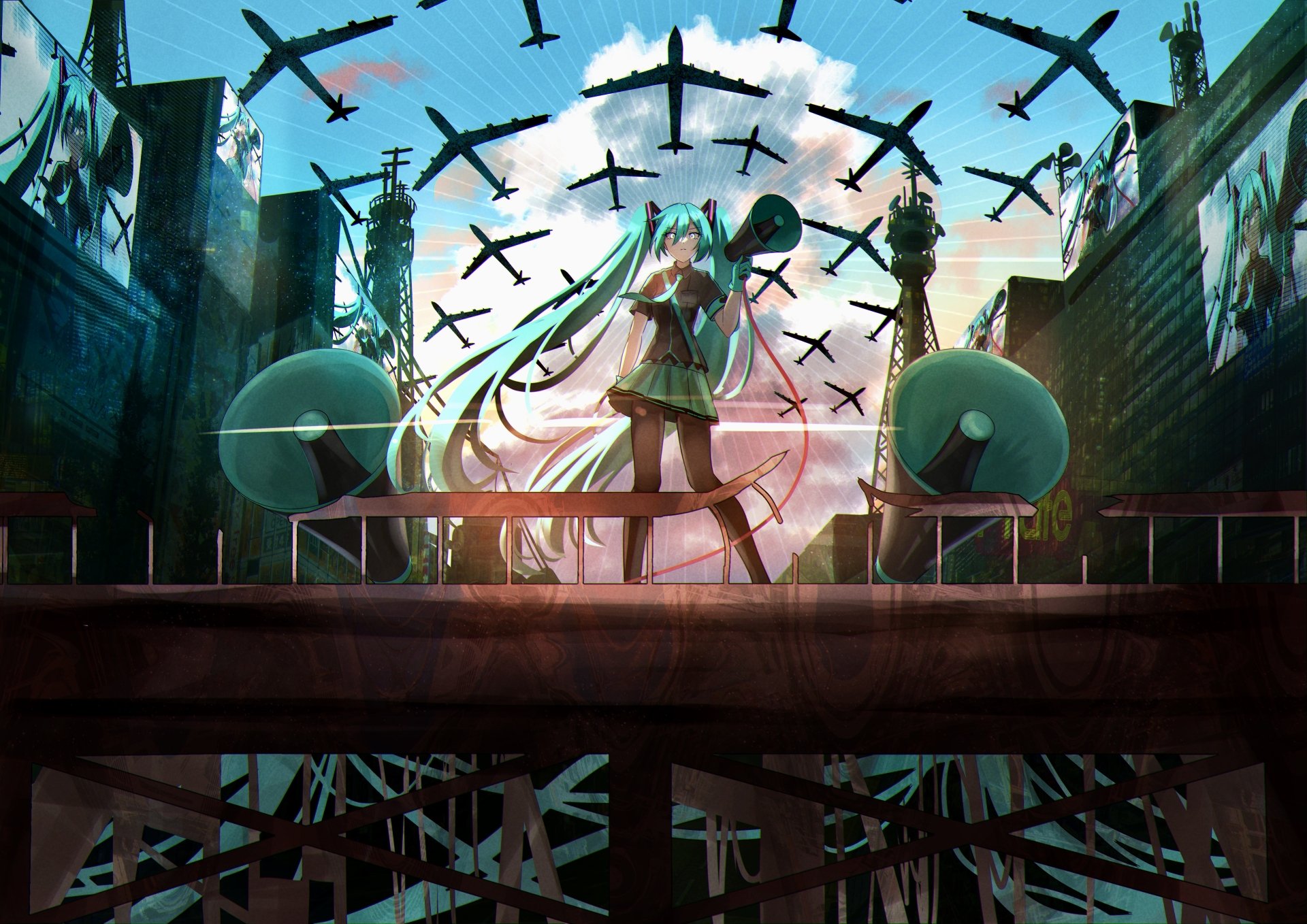A 4K Ultra HD anime wallpaper featuring Hatsune Miku from Vocaloid standing on a bridge, surrounded by speakers and silhouetted airplanes in a dramatic urban setting.