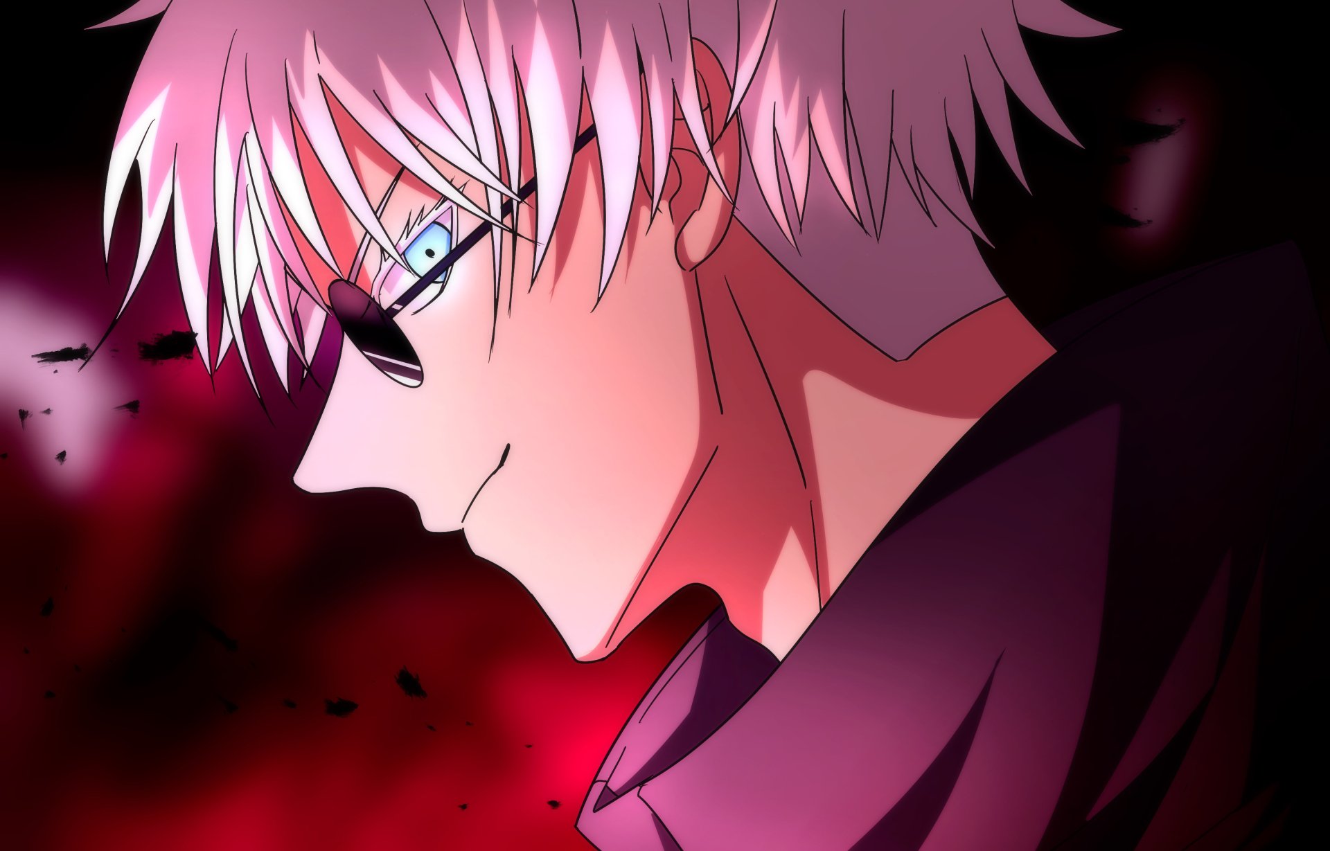 Satoru Gojo (Jujutsu Kaisen) anime close-up profile — white hair, visible blue eye and sly smile against a moody red-black backdrop; 2K Quad HD PC desktop wallpaper.