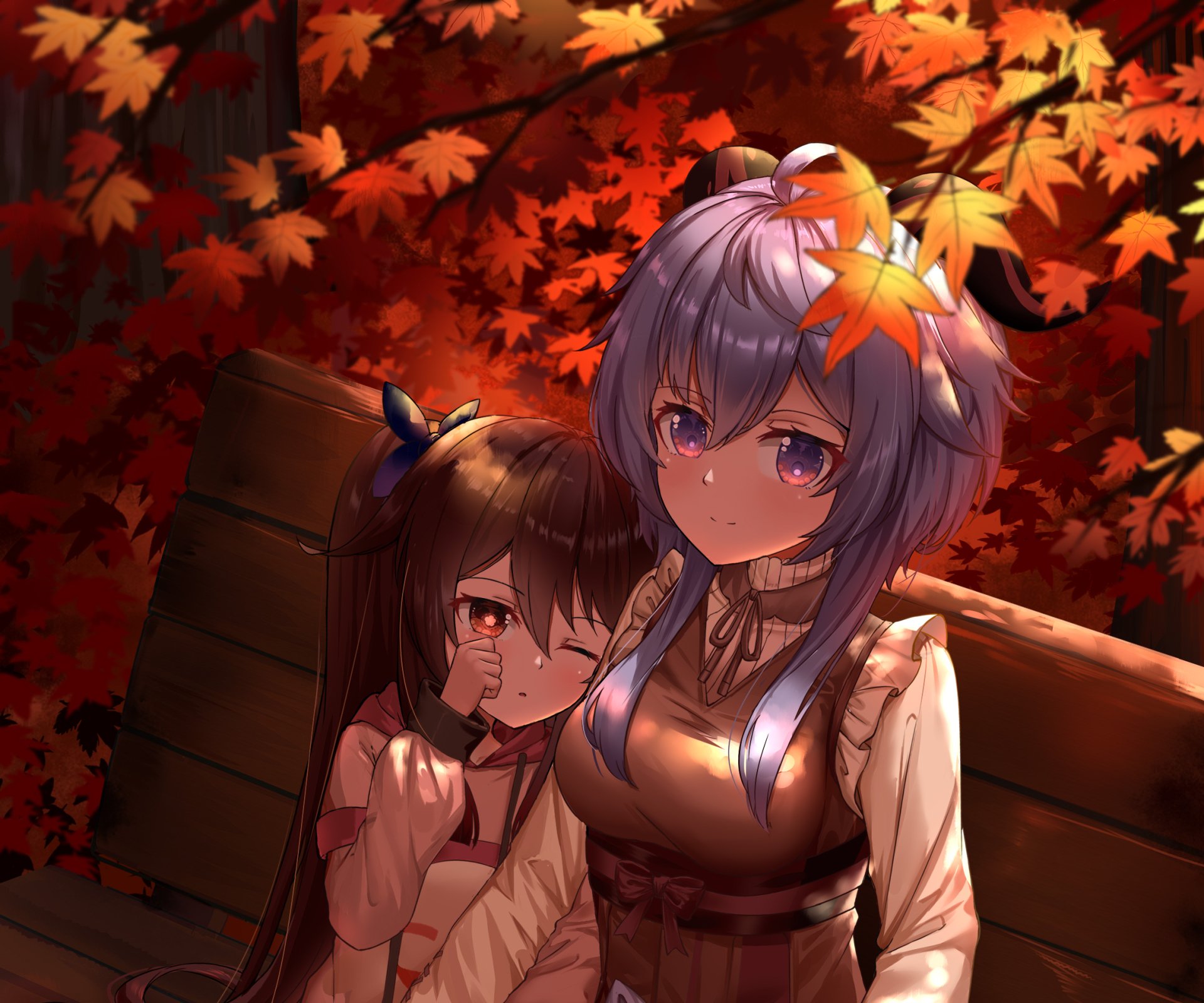 HD PC desktop wallpaper featuring Keqing and Hu Tao from the video game Genshin Impact, set against a vibrant autumn backdrop with red and orange leaves.