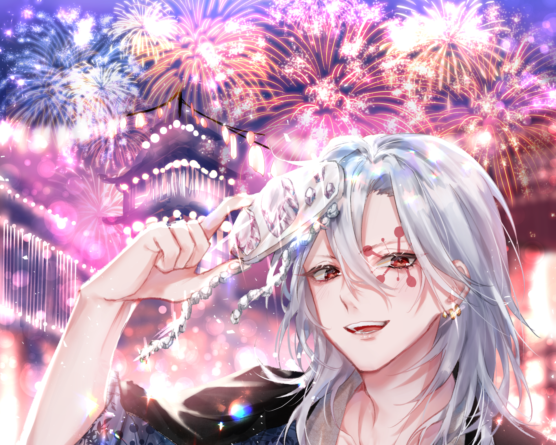 HD PC desktop wallpaper of Tengen Uzui (Anime, Demon Slayer: Kimetsu no Yaiba): silver-haired portrait with jeweled headpiece, smiling as fireworks light a neon temple night background.