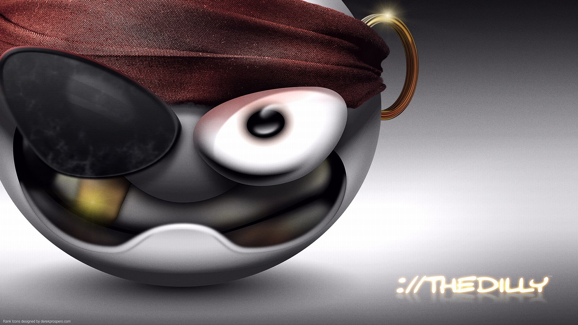 Funny smiley pirate — glossy spherical face with eye patch, bandana and gold earring grinning on a sleek HD PC desktop wallpaper background.