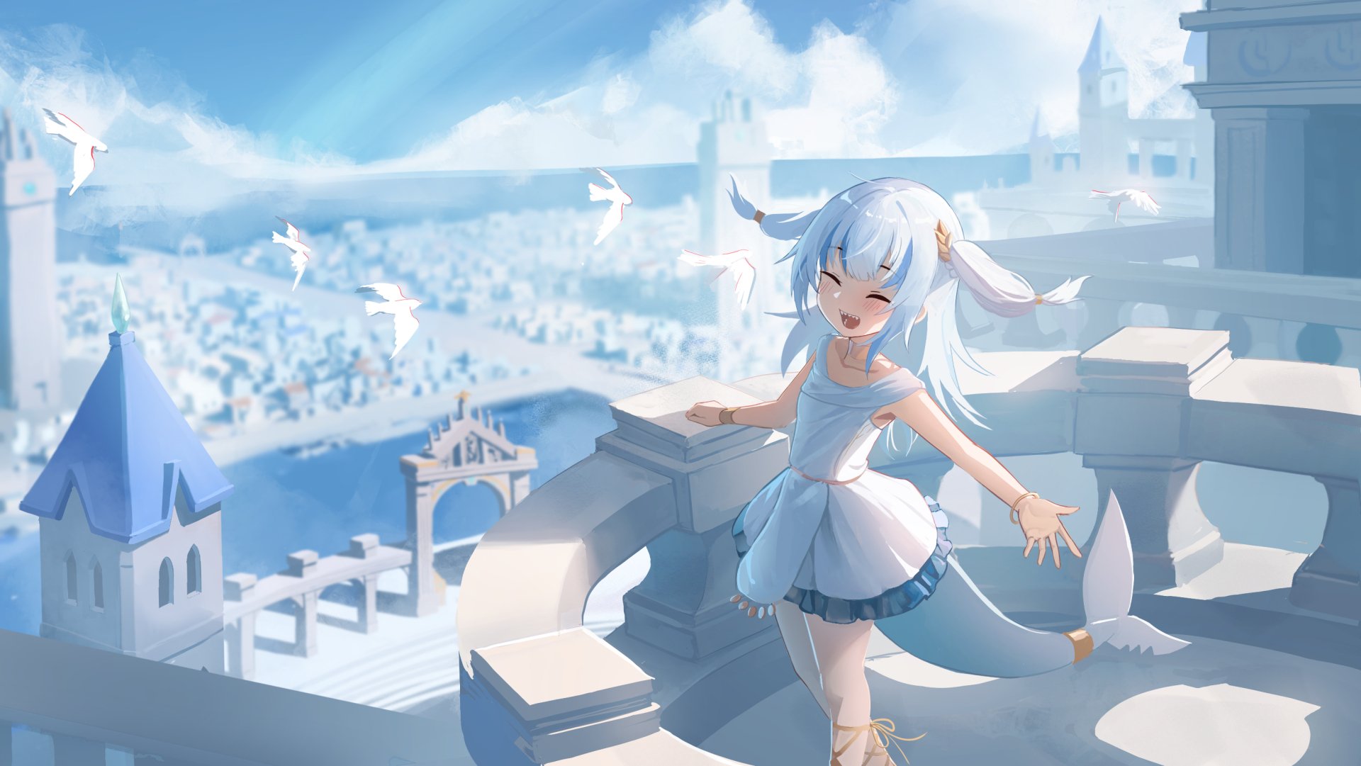 HD PC desktop wallpaper featuring Gawr Gura from hololive, depicted as an anime-style Virtual YouTuber in a bright, serene castle setting with a cheerful expression.