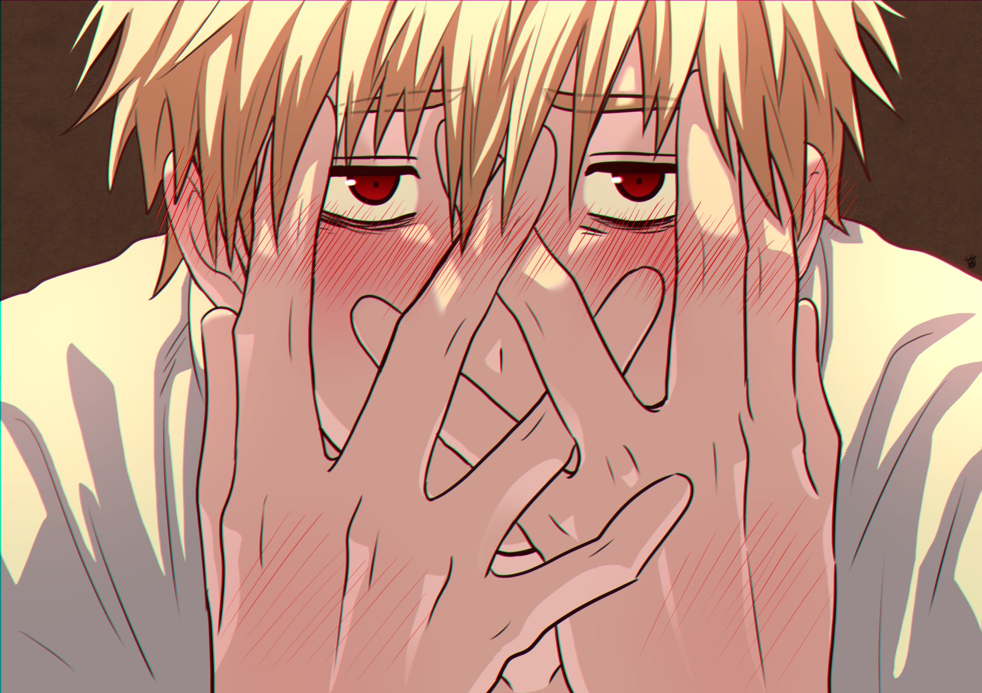 HD PC desktop wallpaper featuring Denji from the anime Chainsaw Man, showing a close-up of his face partially covered by his hands with expressive eyes.